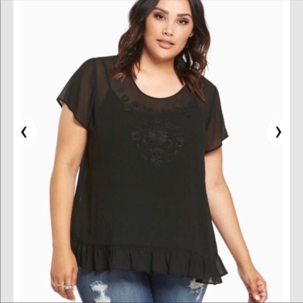 Torrid Embroidered Chiffon Ruffle Hem Pullover - Picture 3 of 3